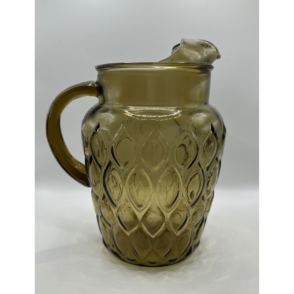 Vintage Amber Glass Pitcher Teardrop Pattern Ice Lip Mid Century Modern Brown